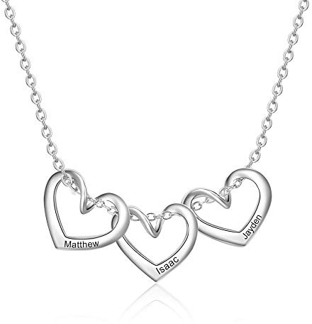 ALBERTBAND Collar con nombre personalizado, collares para mujer, 1-5 colgantes de corazón, con nombres grabados para el día de la madre, hija, abuela, mujer (3 names)
