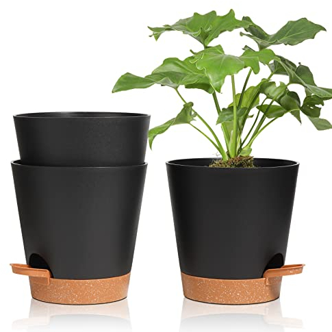 T4U 16,5cm Kunststoff Blumentopf mit Bewässerungssystem, 3er-Set Selbstbewässerung Übertopf mit Untersetzer, Rund Pflanzkübel für Innen und Balkon Garten Pflanzen Sukkulenten Kaktus, Schwarz