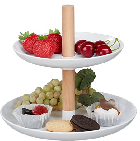 Relaxdays Soporte Tartas 2 Pisos, Bandejas Cupcakes, Plástico y Madera, Platos Galletas, 19 x 21 cm, Blanco y Natural