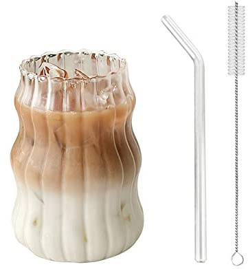 Maritown Iced Coffee Cup with Straw 18 oz Glass Clear Ripple Coffee Mug with Glass Straw and Straw Cleaner Brush Ribbed Glassware Smoothie Cup Water Glasses (C Clear - 530ml, 4)