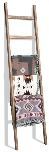 FUIN 6.4ft Extra Wide Wooden Blanket Ladder Living Room Decorative Wal Leaning Farmhouse Quilt Display Holder Rustic Wood Towel Rack for Bathroom, Burnt Brown, 18.5 inch Wide