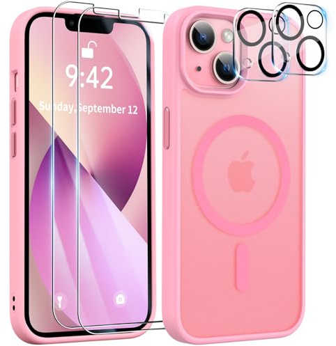 YisrLery 5 in 1 Coque pour iPhone 13 6.1“, Rose | avec 2 Verres Trempés et 2 Caméra Protecteur, Compatible avec MagSafe, Dos PC anti-rayures, Étui TPU Bumper Antichoc Housse