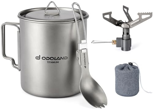 Odoland 750ML Titanium Mugs, 1900W Ultra Light Titanium Mini Stove, Camping Coffee Cup with Lid and Spork, Foldable Handle for Camping, Hiking, Traveling and Backpacking