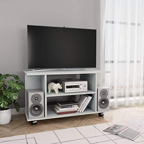 Homgoday Meuble TV avec roulettes gris ciment 80 x 40 x 40 cm en multicouche, meuble TV salon, meuble bas pour TV de salon industriel, support TV