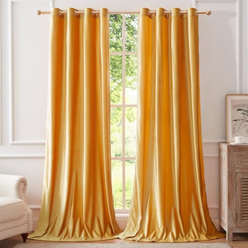 BULBUL Velvet Curtains 96 inch Length for Living Room Modern Mustard Yellow Window Drapes Darkening Grommet Curtains for Bedroom 2 Panels