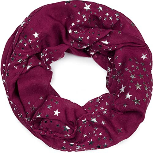 styleBREAKER Damen Loop Schal mit glitzerndem Metallic Sterne All Over Print Muster, Leichter Schlauchschal Einfarbig, Tuch 01016118, Farbe:Bordeaux-Rot