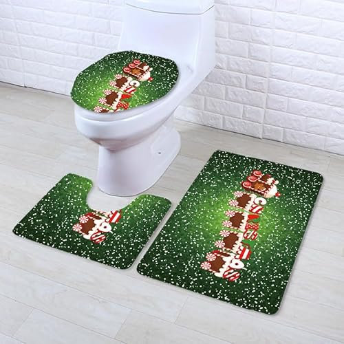 Bad Teppiche Set Grüne Rote Weihnachten Badezimmerteppich Waschbar WC Vorleger mit Ausschnitt und WC Deckelbezug 3 Teilig Badematte rutschfest Toilettensitzbezug Badgarnitur 45x75 cm