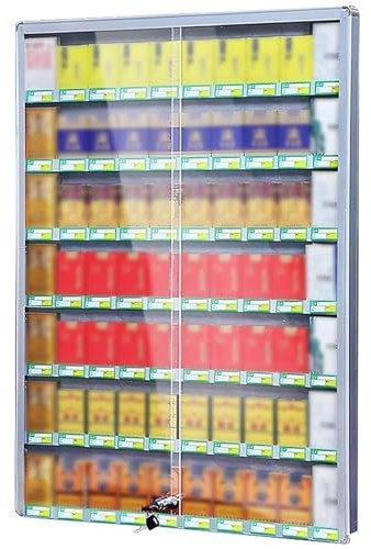 Kommersiell cigarettdisplay fodral med lås, väggmonterad cigaretthylla med akryl skjutdörr för närbutiker, varuhus, stormarknader, hotell