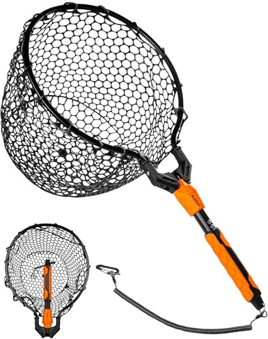 Pullther Kescher Angeln Teleskop-Kescher 67-90cm Angelngummiert klappbar | Leichter, korrosionsbeständiger Aluminiumrahmen. Fischschonendes gummiertes Netz. Kompakt klappbar für Transport.