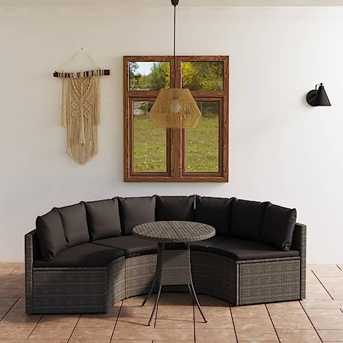 RCODSSK 5-TLG. Garten-Sofagarnitur Poly Rattan Grau mit Auflagen, Outdoor Sofagarnitur mit Akazienholz Tisch, graues Rattan Sofa Set, Garten Lounge Set Poly mit gepolsterten Kissen