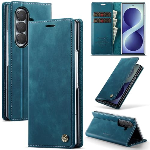 Cracedily Wallet Case for Samsung Galaxy Z Fold 8 Ultra Leather Wallet Flip Cover with Card Holder, Kickstand, Magnetic Closure, RFID Blocking TPU Shockproof Phone Case Compatible with, Blue-Green