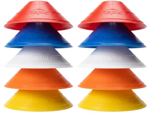 RAPID Football Training Cones Set - Saucer Disc Markers for Fitness, Rugby, Hockey & Agility Training - 10 Cone Pack - Multi-Colour Sport Cones - 2 Red, 2 Blue, 2 White, 2 Orange & 2 Yellow Colour