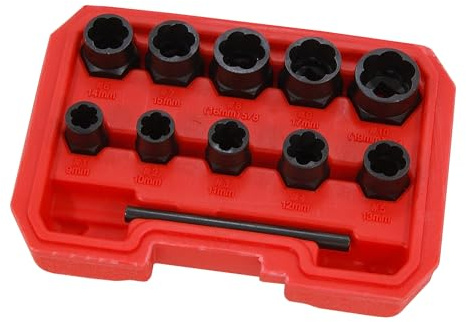 Neilsen CT1058 11pc 3/8in Drive Bolt Extractor Set - Spiral Profile Extractors | Nut Sizes 9–19mm | External Hex 16–27mm | Depth 27mm | Ideal for Loosening Damaged Nuts and Bolts