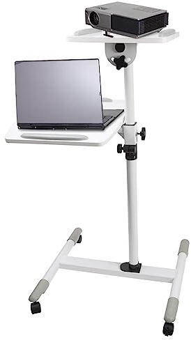 Properav Mobile Desk Workstation & Projector Trolley - White | Moveable On Caster Wheels | Adjustable Height 850-1100mm | 10kg Capacity | For Laptop, Projector, Consoles & More