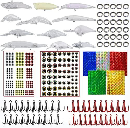 342pcs Unpainted Fishing Lures Making Kit DIY Blank Crankbaits Minnow Hard Bait Set with Treble Hooks, Split Rings, Fish Eyes, Stickers Lure Supplies to Make Your Own Lures