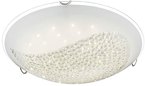 Lámpara de techo de metal blanco, pinzas cromo, Vidrio Opalino con cristales transparentes, borde transparente, D: 400, H: 110, incluye 1 x LED 18 W 57,6 V, 1620lm, 4000 K