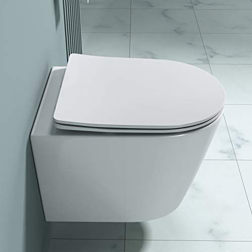 Durovin Bathrooms Ceramic Rimless Wall Hung Toilet - Short Projection - Include WC Pan with Soft Close Seat - Quick Release - 363 x 483 x 360mm (WxDxH)