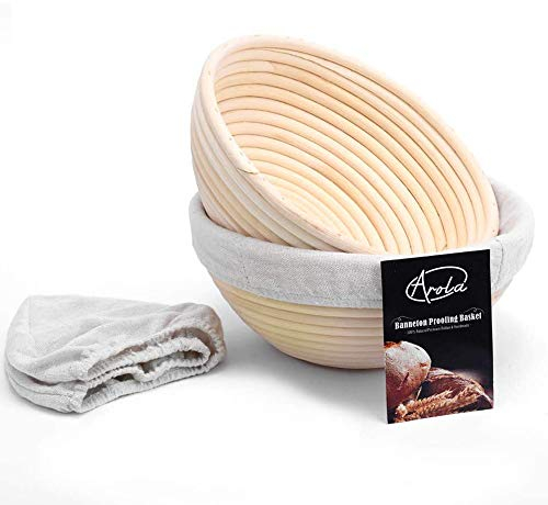2 Pack 22cm Rund Gärkörbchen Banneton Brotform Korb,Handgewebter Natürlicher Rattan Gärkorb mit Leinen Liner Stoff,Backzubehör für Heim und Profi-Bäcker.