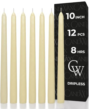 CANDWAX 25 cm Ivory Taper Candles Set of 12 - Unscented Smokeless Dripless Christmas Candlesticks - Perfect as Dinner Table Centerpieces and Holiday Home Decorations - Christmas Taper Candles