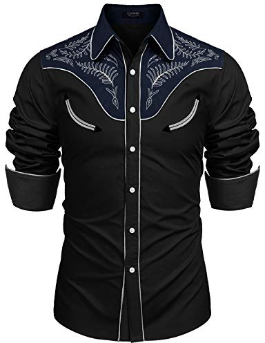 COOFANDY Camisa de Hombre con Cuello Abotonado, Algodón - Negro, M