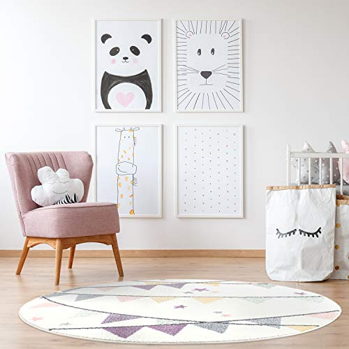 payé Teppich Rund - Kinderzimmer - Pastelfarben - Creme - 120x120 cm - Wimpel Girlande - Sterne Kurzflor Kinderteppich Spielteppich - Oeko-Tex Standard 100