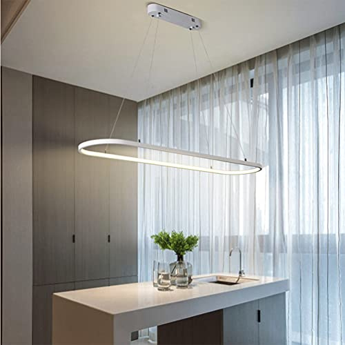 Moderne Esstisch Pendelleuchte LED Dimmbar Weiß Hängelampe Oval Höhenverstellbarer Kronleuchter mit Fernbedienung 54W Esszimmer Hängeleuchte Kreativität Küche Wohnzimmer Lampe Beleuchtung Licht L120CM