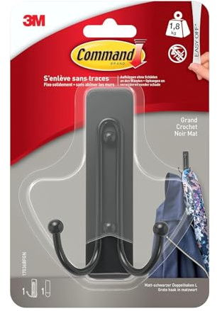 Command Doppelhaken selbstklebend, Matt, Schwarz, 1 Metallhaken und 2 Klebestreifen - Zum Aufhängen von Taschen, Kleidung - Haken für Wand, Türhaken, Organisieren ohne Bohren, Hält 1,8kg