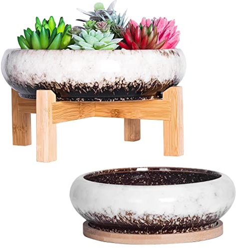 ARTKETTY Sukkulentententöpfe mit Drainage, großer Sukkulenten-Übertopf mit Ständer und Untersetzer, Flache Bonsai-Töpfe, Keramik, Kaktus-Blumentopf, für Zimmerpflanzen (18 cm und 25,4 cm)