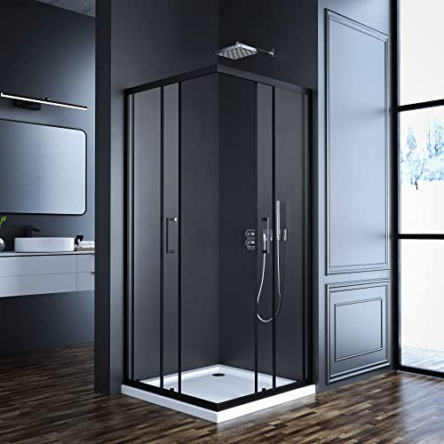 Duschkabine Eckeinstieg 90x90cm Duschabtrennung Schiebetür, Eckeinstieg Duschkabine Schwarz mit Doppel Schiebetüren 6 mm ESG Glas, Duschabtrennung Dusche Duschwand Höhe 185cm