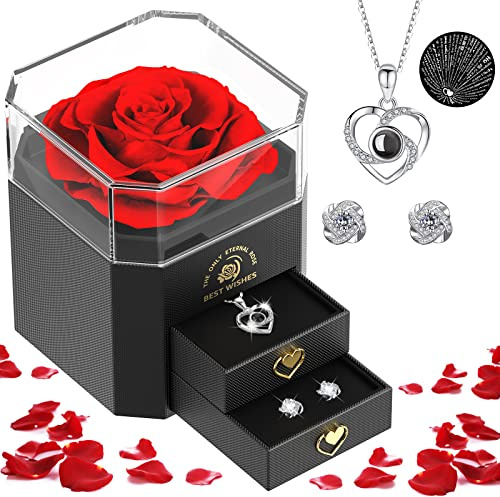 PowerFort Konservierte echte Rose, Geschenkbox mit I Love You Halskette und Ohrringen, handgemachte ewige Blume Geschenke für ihre Frau Frau Freundin am Geburtstag, Jubiläum, Valentinstag, Muttertag