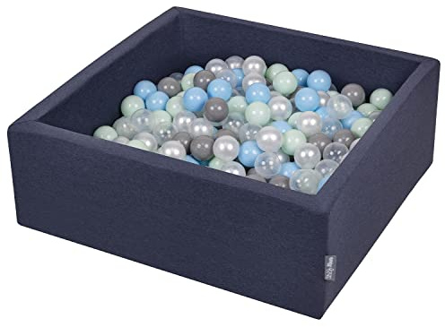 KiddyMoon Bällebad 90X30cm/300 Bälle ∅ 7Cm Bällepool Mit Bunten Bällen Für Babys Kinder Quadrat, Dunkelblau:Perle/Grau/Transparent/Babyblau/Mint