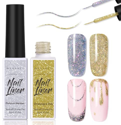Makartt Set di Smalti per Unghie in Gel per Unghie, Vernice per Gel per Unghie in Oro e Argento per Pittura per Unghie Soak Off Gel per liner UV Integrato Pennello per Unghie Sottili