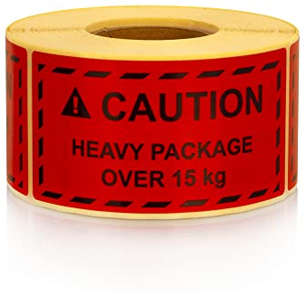 MD Labels Warnetiketten auf rolle 100x50mm CAUTION Heavy package over 15kg 500 Stück- Paketaufkleber für Amazon Vendor & FBA Fulfillment Paketaufkleber
