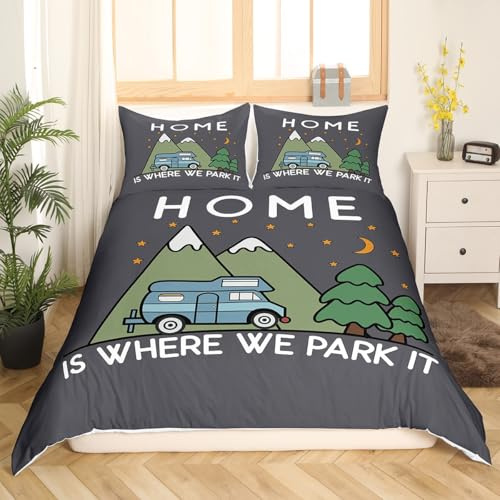Camping Bettwäsche Set 135x200cm für Jungen Mädchen Campingwagen Wohnmobil Bettwäsche Jugendliche Kinder Camper Abenteuer Reisen Bettbezug Vintage Raumdekoration rustikale Landhausstil Kollektion