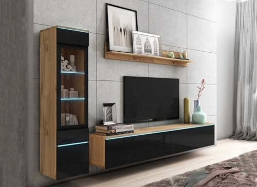 DecoInParis Meuble TV Contemporain chêne et Noir laqué avec LED - Veronica