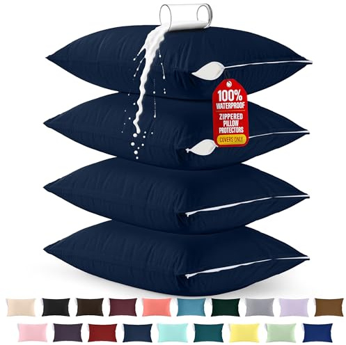 Utopia Bedding Premium 100% Waterproof Pillow Protectors with Zipper Standard Size (Set of 4), Bed Bug and Dust Mite Proof Zippered Pillow Covers, Pillow Encasement Cases, Navy