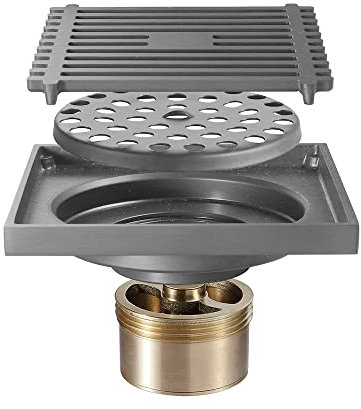SWHC Bodenablauf, Anti Geruch Duschablauf Quadratischer 10 x 10cm Bodenablauf Abdeckung Großer Hubraum Bodenablauf Dusche Bodenablauf Keller mit Herausnehmbar Abflusssieb,Grau