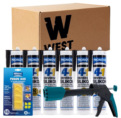 W West Boxx Set aus 6 x 4 in 1 Silikon in Schwarz, Universal Silikon ideal für Sanitär, Naturstein & Holz für außen und innen inkl. Kartuschenpistole und Fugen-Ass