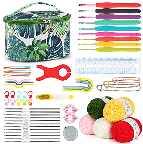 Aeelike Uncinetto Kit per principianti, Crochet Starter Kit UK, Set uncinetto con filato, accessori e borsa verde per principianti, per adulti e bambini