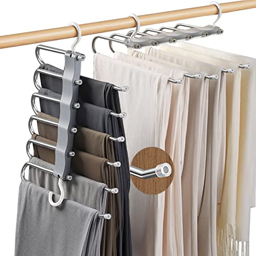 JOOVCC 2 Pack Trouser Hangers Space Saving,6 in 1 Space Saving Hangers for Wardrobes,Pants Hangers Non-Slip Closet Organizer for Scarfs Jeans Clothes Trousers Towels (Grey).