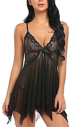 HSAJS Camisón de Encaje con Tirantes Finos Pijama Ropa de Dormir Asimétrico Transparente Body Conjunto Elegante Camisones Sexys Ropa Interior para Dormir Mujer
