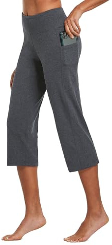BALEAF Yogabyxor, dam, 3/4, lediga fritidsbyxor, joggingbyxor, raka ben, hög midja, träningsbyxor, arbetsbyxor med fickor, magkontroll för fitness, träning, fritid,, Djupblommande grå, M