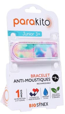 PARAKITO - Bracelet Anti-Moustiques Réutilisable - 2 Plaquettes Incluses aux Huiles Essentielles - 1 Mois de Protection - Sans DEET - Taille Junior 3+ (Tie & Dye)