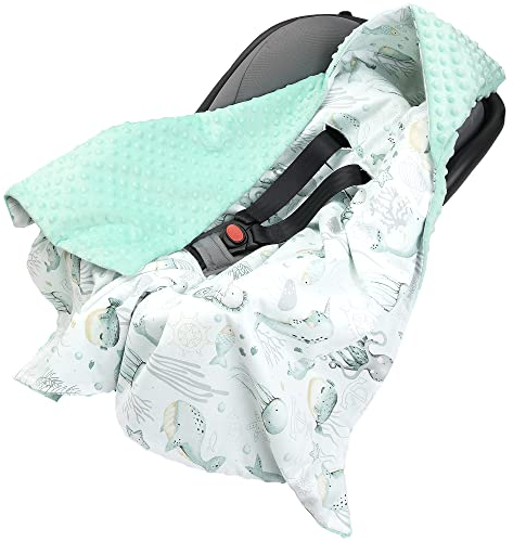 Medi Partners Einschlagdecke Baby Babyschale 100% Baumwolle für Sommer 85x85cm Kinderwagen Kuscheldecke universal Baby Decke Einschlagdecken Babydecke Buggy Autositz (Ozean mit Mint Minky)
