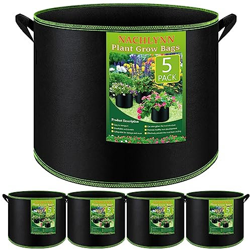 NACHLYNN 5-Pack 7 Gallon Grow Bags Thickened Nonwoven Fabric Pots with Handles Heavy Duty Aeration Fabric Pots Plant or Fruits Flowers Plant for Gardening