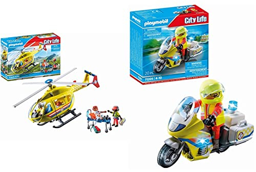 PLAYMOBIL City Life 71203 Rettungshelikopter, Spielzeug für Kinder ab 4 Jahren & City Life 71205 Notarzt-Motorrad mit Blinklicht, Spielzeug für Kinder ab 4 Jahren