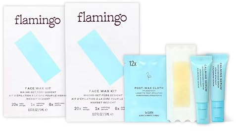 Flamingo ansiktsvax-set – vaxset för kvinnor med 40 vaxremsor för ansiktet, 2 hudlugnande serum och 12 vårdhanddukar för efteråt för kvinnor, kroppsvaxremsor, hårborttagningsvax