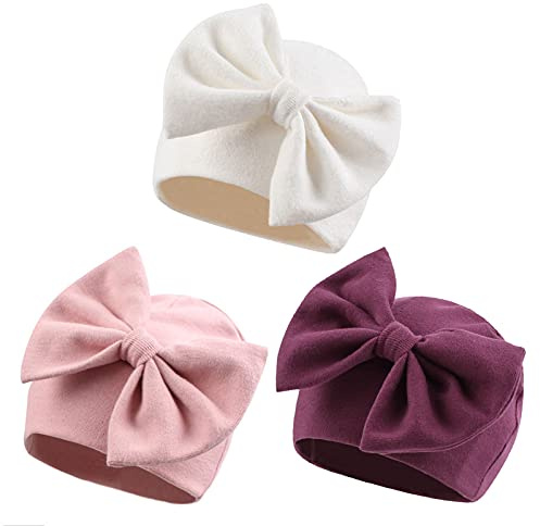 XIAOHAWANG Babymütze für Neugeborene & 6-monatige Kinder - Baumwolle Newborn Mütze mit Schleife für Mädchen & Jungen - Dicke Mütze für Herbst & Winter (6-12 Monate, Weiß + Altrosa + Lila)
