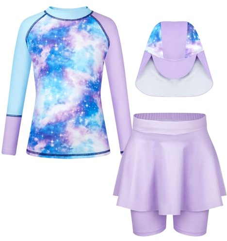 WYTbaby baddräkt flicka 3 stycken UV skyddskläder barn långa ärmar badmode set Rash Guard med volangtrimma badbyxor för flickor 4–9 år, Blå stjärnhimmel, 5-6 år