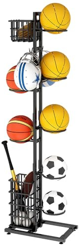 NUODWELL Estante de Almacenamiento de Pelotas, Organizador de Equipos Deportivos con Cesta y Ganchos, Estante de Baloncesto Independiente de Metal para Almacenamiento de Equipos Deportivos para Garaje